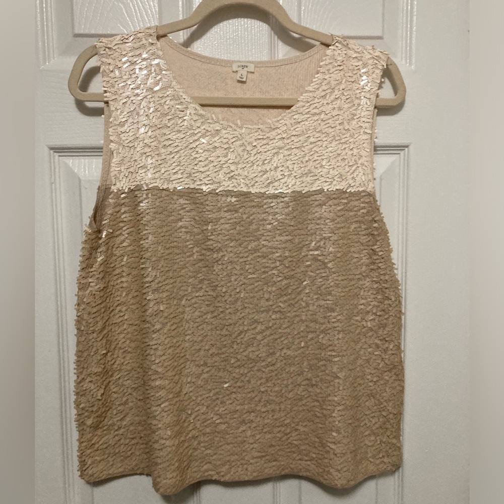 •J. Crew Collection Colorblock Ivory Tan Sequin Sleeveless Large Blouse #L